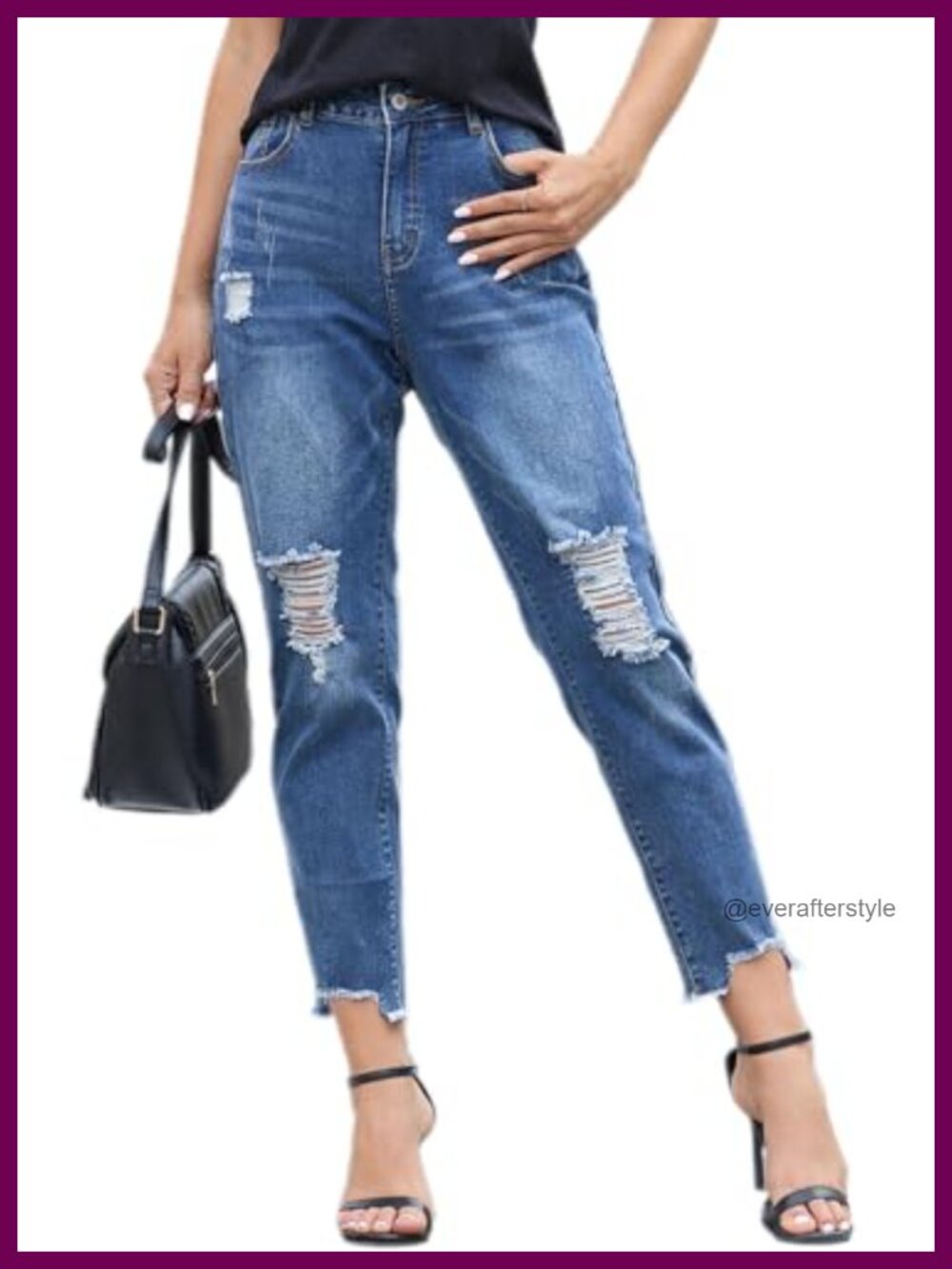 Women's Boyfriend Jeans Stretchy Ripped Distressed Denim Pants High Rise - Picture 5 of 6